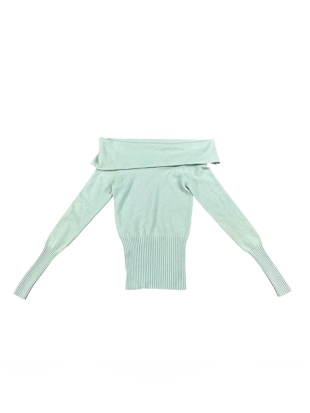Bebe Womens Medium 100% Cashmere Off Shoulder Sweater Frost Blue Y2K